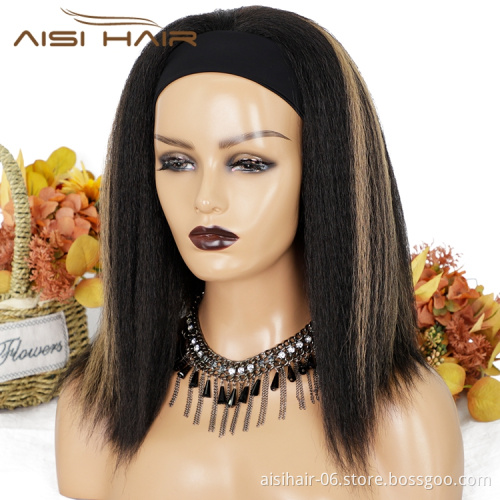 Hot Vendor Natural Hair Headband Wig Highlight Blonde Yaki Curly Synthetic Hair Wigs Women Machine Made Glueless None Lace Wig